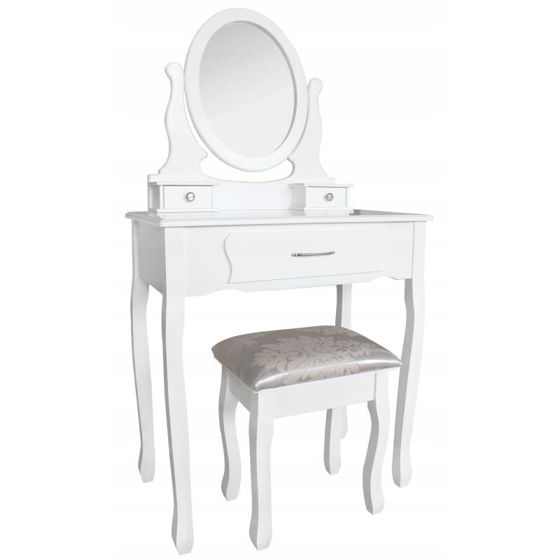 Set masa de toaleta si scaun oglinda ovala 3 sertare design vintage alb