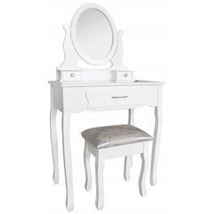 Set masa de toaleta si scaun oglinda ovala 3 sertare design vintage alb
