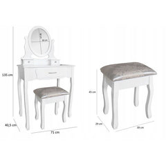 Set masa de toaleta si scaun oglinda ovala 3 sertare design vintage alb