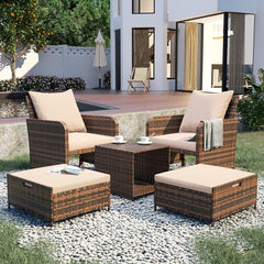 Set mobilier gradina 2 fotolii si 2 tabureti otoman masuta cafea perne incluse maro