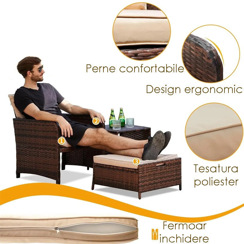 Set mobilier gradina 2 fotolii si 2 tabureti otoman masuta cafea perne incluse maro