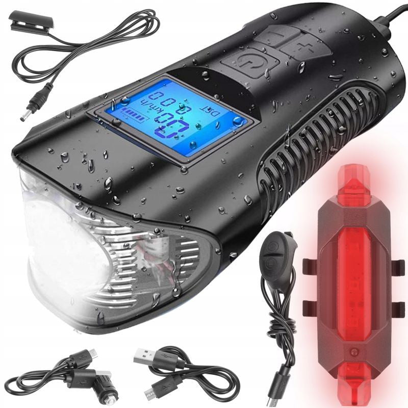 Set stop si far pentru bicicleta cu kilometraj LCD 5 functii reincarcabile MicroUSB
