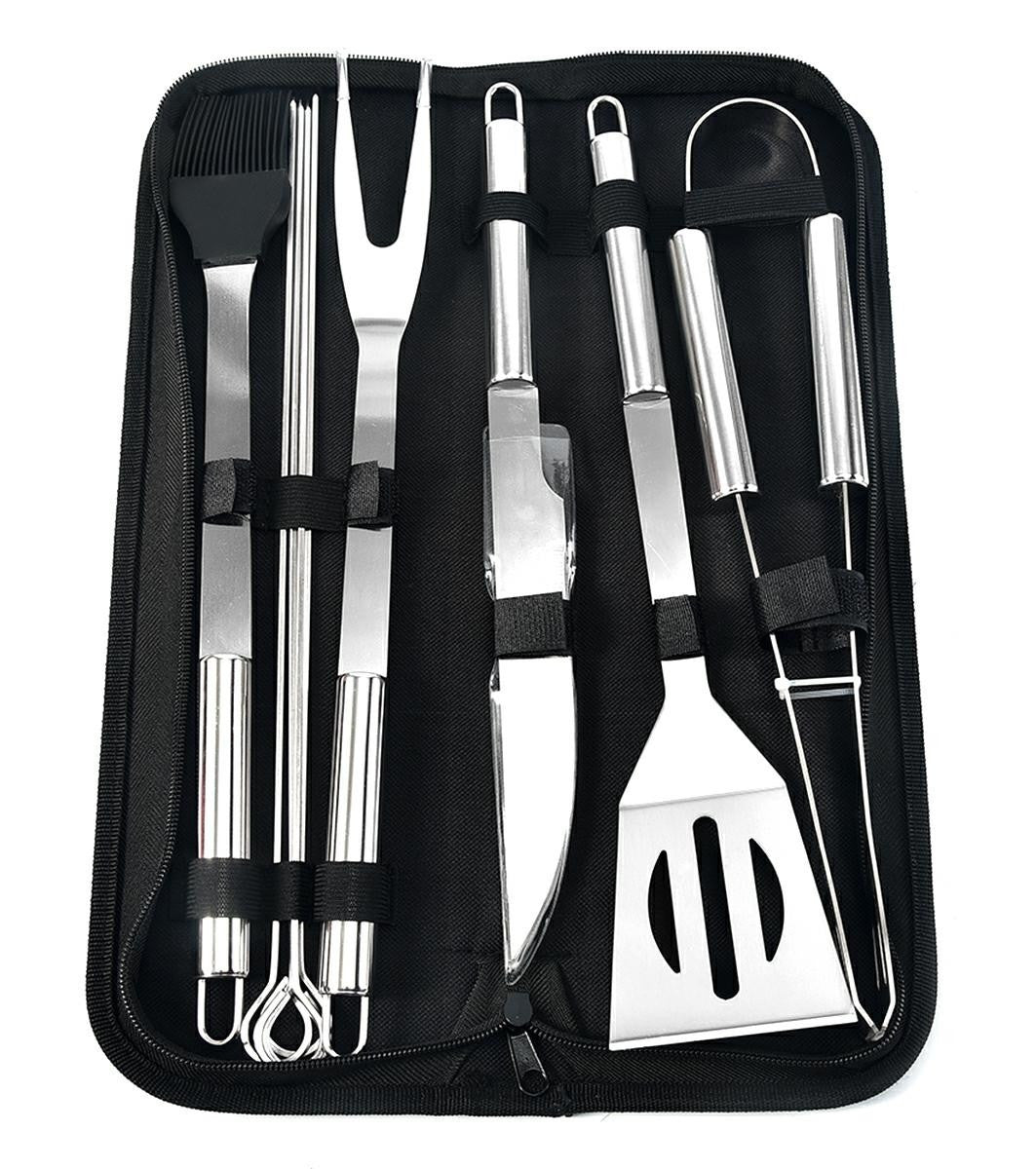 Set ustensile gratar 9 piese cutit furculita cleste perie otel 800g 385 x 12 x 5cm argintiu