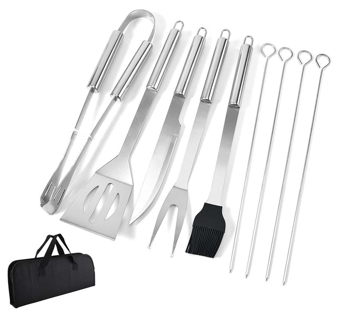 Set ustensile gratar 9 piese cutit furculita cleste perie otel 800g 385 x 12 x 5cm argintiu