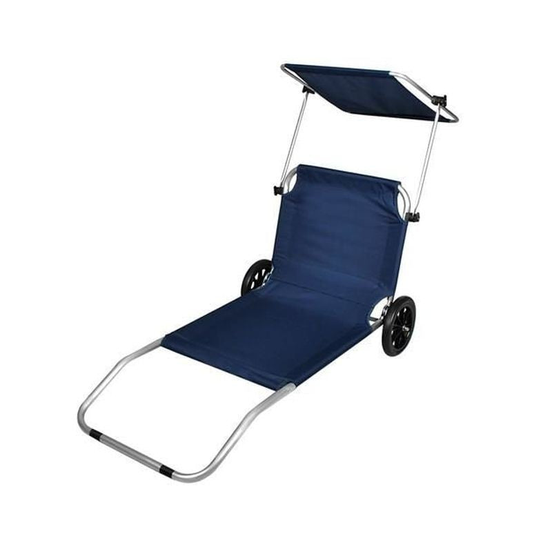 Sezlong pliabil cu umbrela portabil pe roti cadru aluminiu tetiera 115x62cm albastru