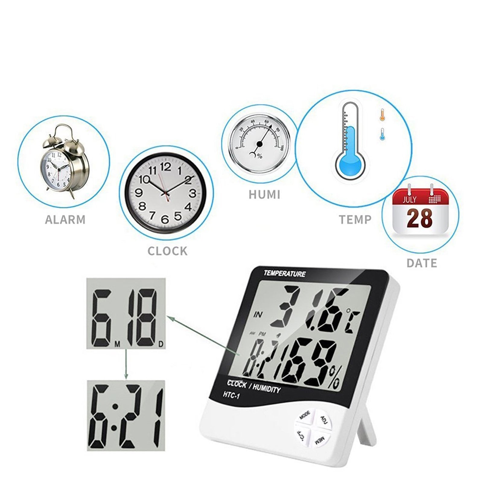 Statie Meteo cu Higrometru ecran LCD cu Alarma, Ora, Data si Calendar
