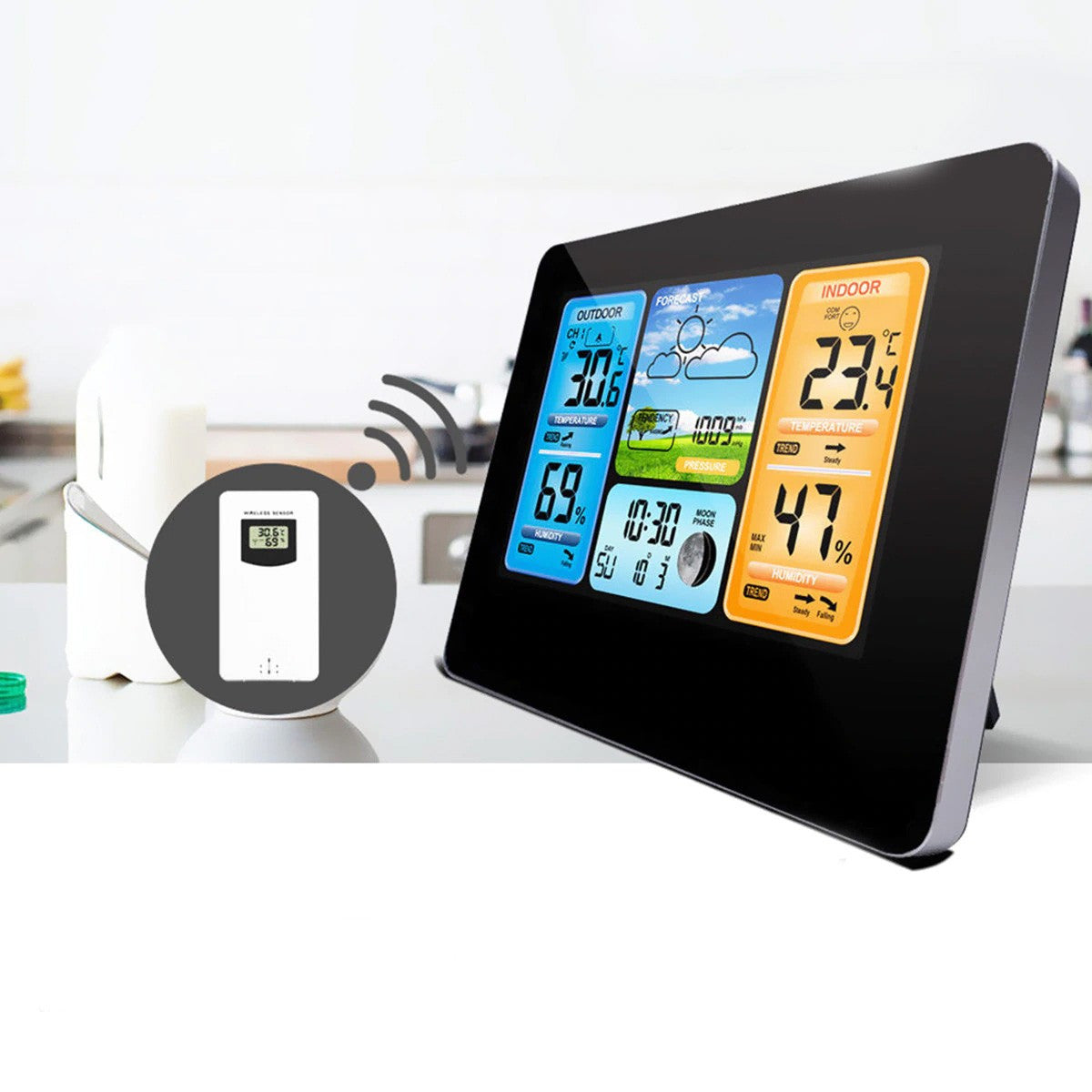 Statie meteo wireless senzor extern lcd color alarma calendar fazele lunii