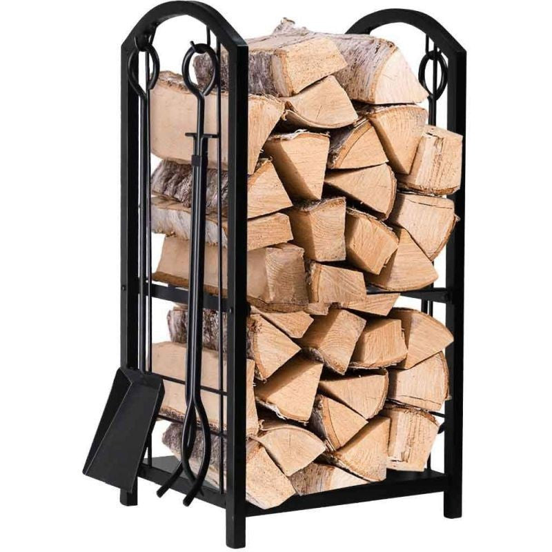 Suport depozitat lemne semineu inaltime 73 cm 2 nivele 4 accesorii otel negru