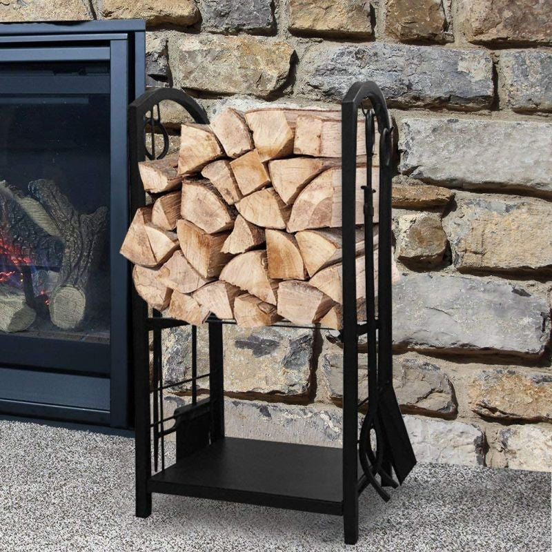 Suport depozitat lemne semineu inaltime 73 cm 2 nivele 4 accesorii otel negru