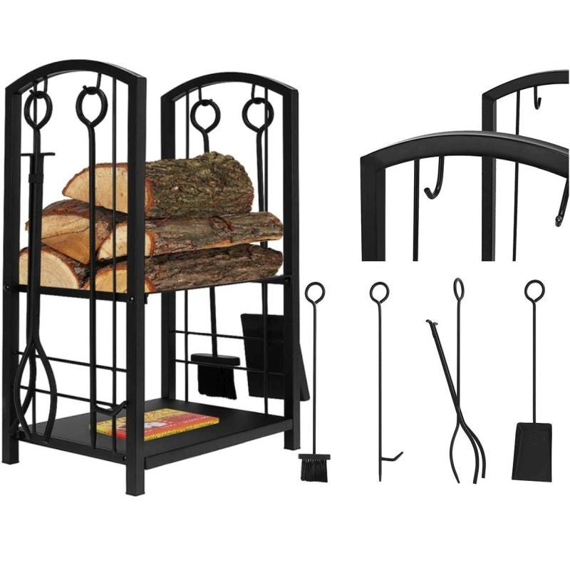 Suport depozitat lemne semineu inaltime 73 cm 2 nivele 4 accesorii otel negru