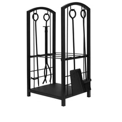 Suport depozitat lemne semineu inaltime 73 cm 2 nivele 4 accesorii otel negru