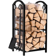 Suport depozitat lemne semineu inaltime 73 cm 2 nivele 4 accesorii otel negru