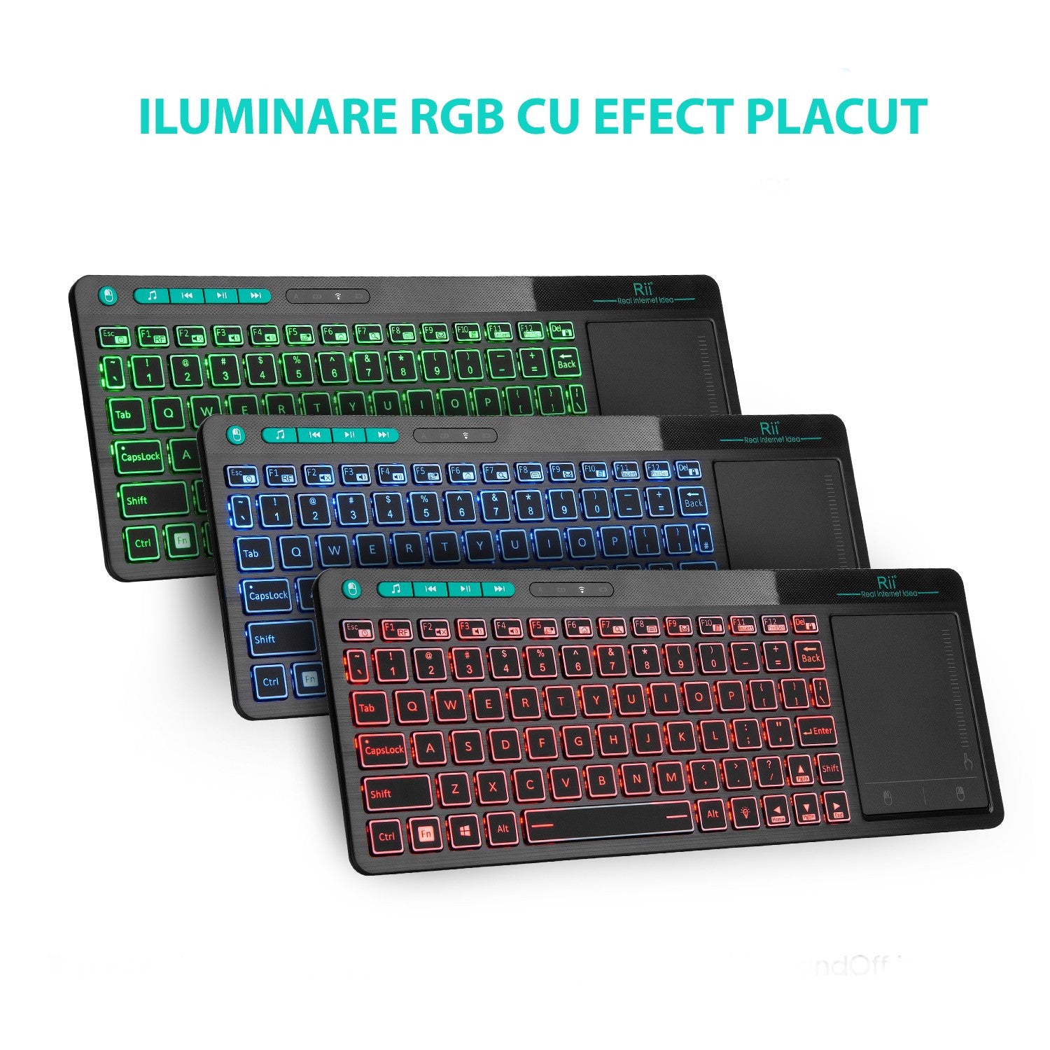 Tastatura multimedia Wireless cu Mouse Pad, iluminata LED RGB, USB, Rii Kombo