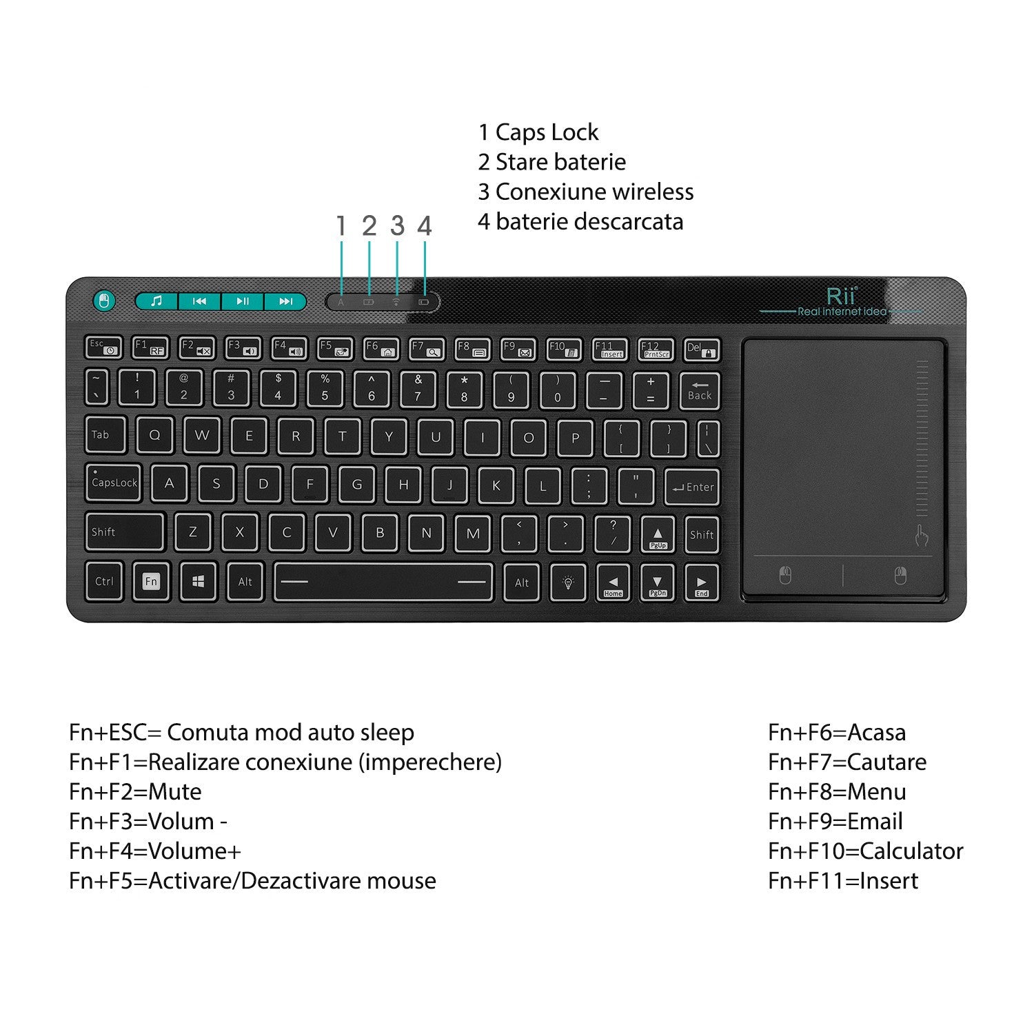 Tastatura multimedia Wireless cu Mouse Pad, iluminata LED RGB, USB, Rii Kombo