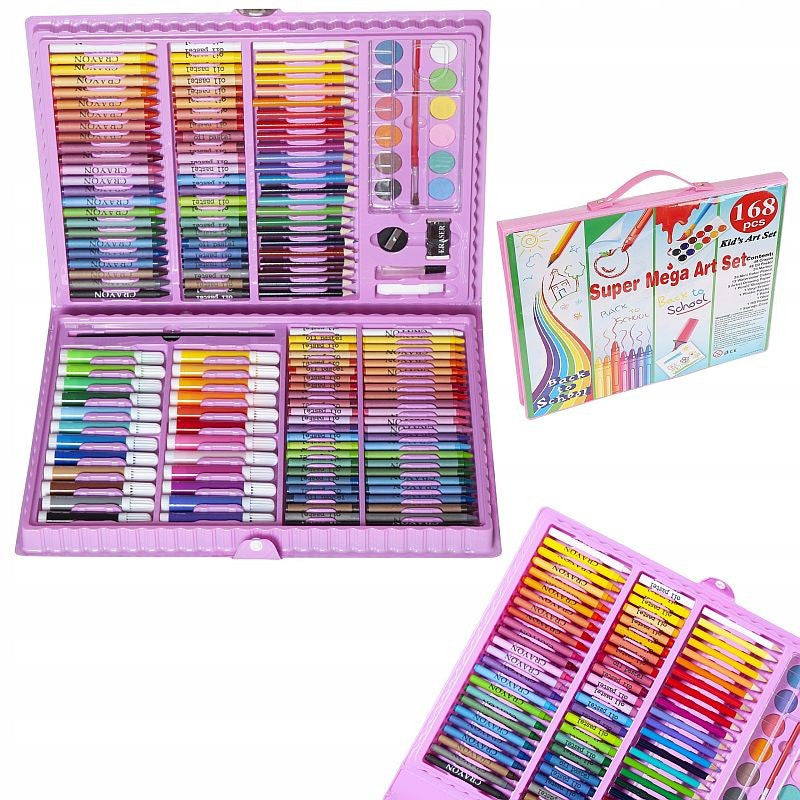 Trusa pictura si desen valiza 168 piese set creativ pentru copii roz