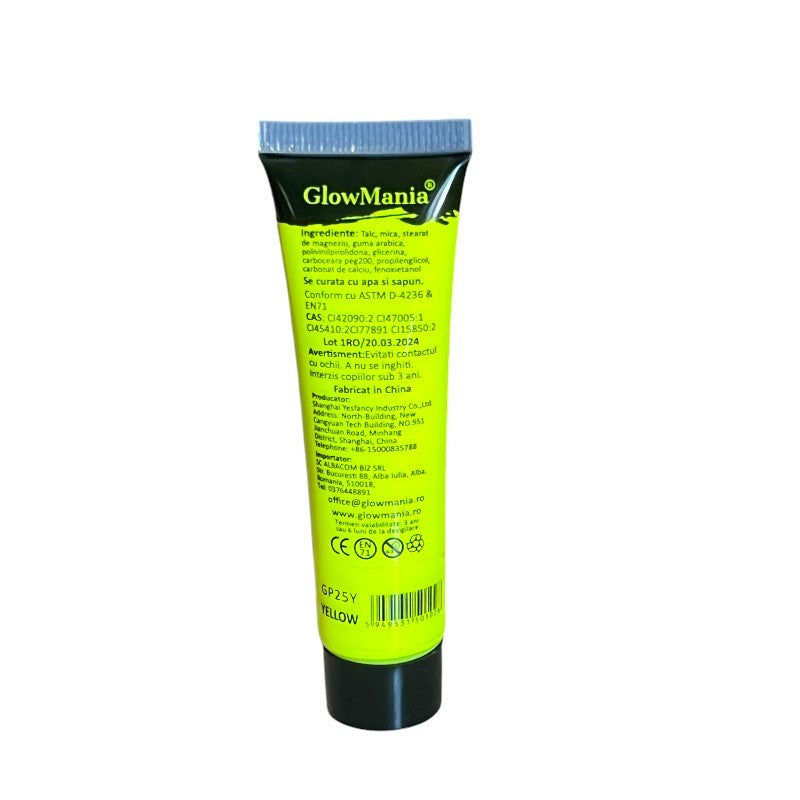 Vopsea glow uv galben neon pentru body painting cantitate 25 ml pe baza de apa