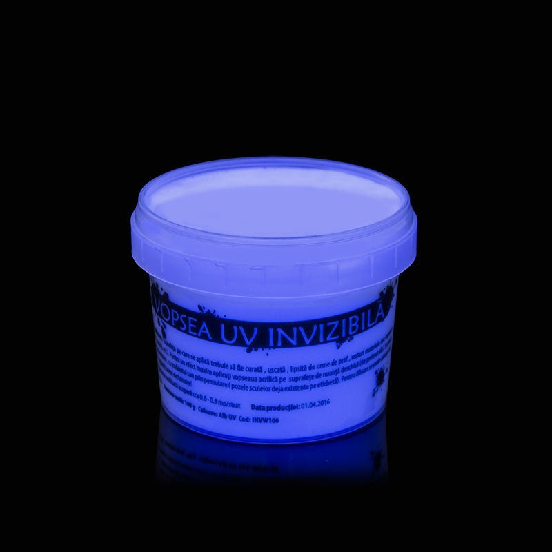 Vopsea invizibila fluorescenta reactiva uv transparenta alba recipient 100 g